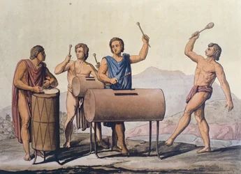Azteccy muzycy grający na Tlapanhuehuetls (kolorowana rycina_)